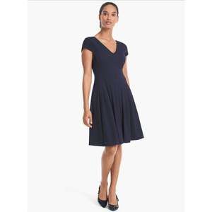 NWT WHBM Seamed V-Neck Fit Flare Pleated Officer Blue Dress Women's Size 4